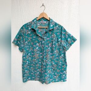 Anthony Richards Teal Flamingo Button Down Smock Top Pockets Size Large